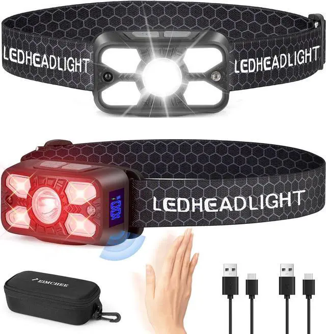 Main image of Rechargeable Headlamp 2 Pack 2500 Lumen Bright 5 Led Headlamp 14 Modes Adjustable Motion Sensor Headlight with Red Light for Adults& Kids USB C Waterproof Head Flashlight for Outdoor Hiking