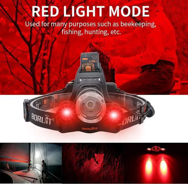 Alt view image 2 of 7 - BORUIT RJ-3000 LED Rechargeable Headlamp,3 Modes White and Red LED Hunting Headlamps,Super Bright Tactical Flashlight Red Light Head Lamp for Running Camping Hiking Fishing