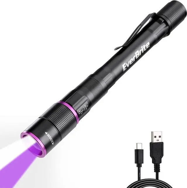 Main image of EverBrite Rechargeable Pen Flashlight with UV Light and White Light, 395nm Black Flashlight with Clip, Zoomable 4 Modes with Memory Function, USB C Cable, for Camping, Emergency, Pet Urine Detection