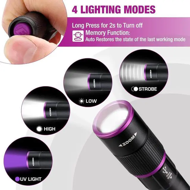 Alt view image 2 of 7 - EverBrite Rechargeable Pen Flashlight with UV Light and White Light, 395nm Black Flashlight with Clip, Zoomable 4 Modes with Memory Function, USB C Cable, for Camping, Emergency, Pet Urine Detection