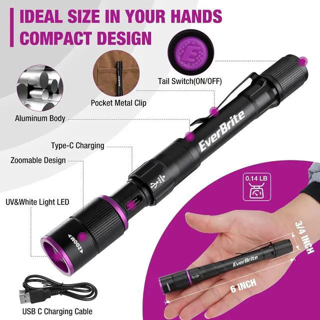 Alt view image 3 of 7 - EverBrite Rechargeable Pen Flashlight with UV Light and White Light, 395nm Black Flashlight with Clip, Zoomable 4 Modes with Memory Function, USB C Cable, for Camping, Emergency, Pet Urine Detection