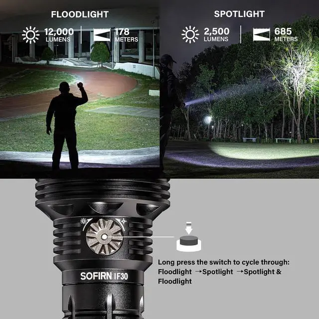 Alt view image 2 of 7 - sofirn IF30 Flashlight High Lumens, 12000 Lumens Ultra Bright Flashlight with 685 Meters Beam Distance Spotlight, Rechargeable Flashlight USB C, LED Flashlight Waterproof for Hunting, Searching