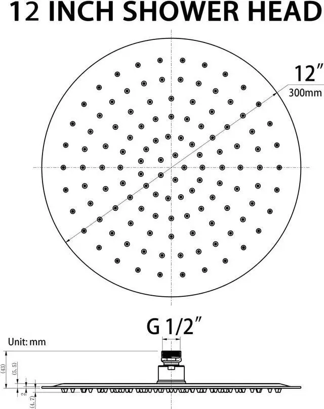 Alt view image 7 of 7 - 12 Inch Round Rainfall Shower Head, High Pressure Overhead Shower Heads, Wall Ceiling Mounted Ultra Thin Stainless Steel Shower Head, Chrome