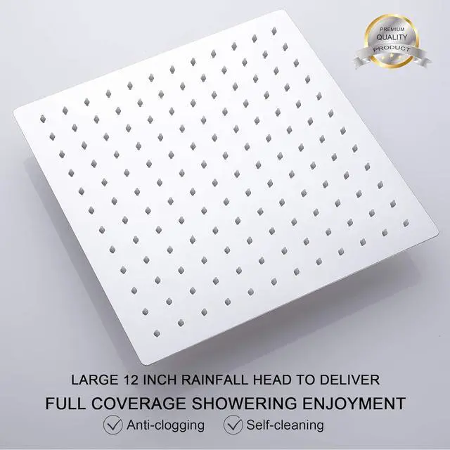 Alt view image 4 of 7 - Square Rain Shower Head, High Pressure Rainfall Showerhead, Large Fixed Stainless Steel Polished Chrome Shower Rain, 12 Inch Rainhead and 15 Inch Extension Arm
