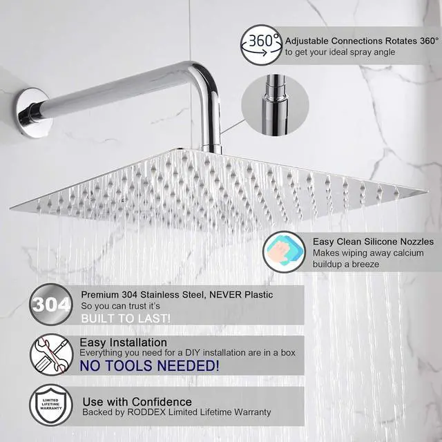 Alt view image 2 of 7 - Square Rain Shower Head, High Pressure Rainfall Showerhead, Large Fixed Stainless Steel Polished Chrome Shower Rain, 12 Inch Rainhead and 15 Inch Extension Arm