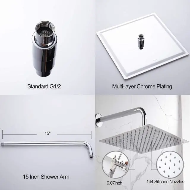 Alt view image 5 of 7 - Square Rain Shower Head, High Pressure Rainfall Showerhead, Large Fixed Stainless Steel Polished Chrome Shower Rain, 12 Inch Rainhead and 15 Inch Extension Arm