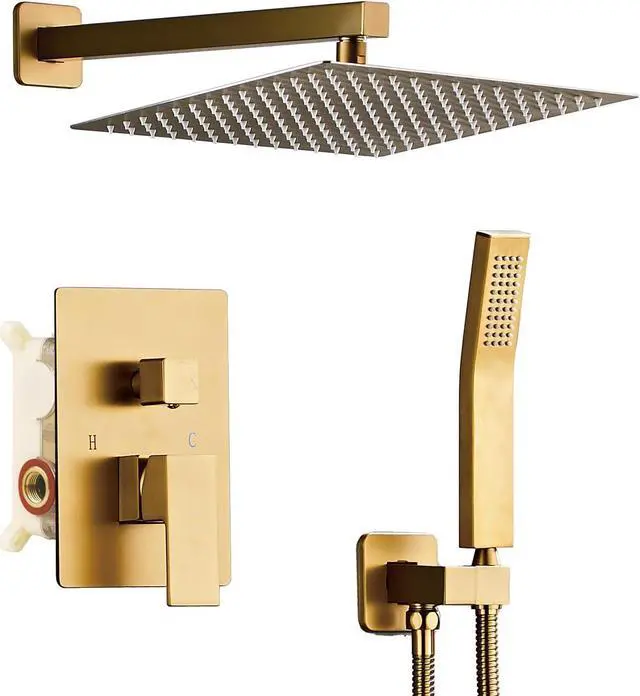 Main image of SaniteModar Shower Head, 10 Inch Bathroom Shower System, Multi-function Rainfall Square Shower Head, Wall Mounted Shower System Shower Head Trim Kit, Brushed Gold