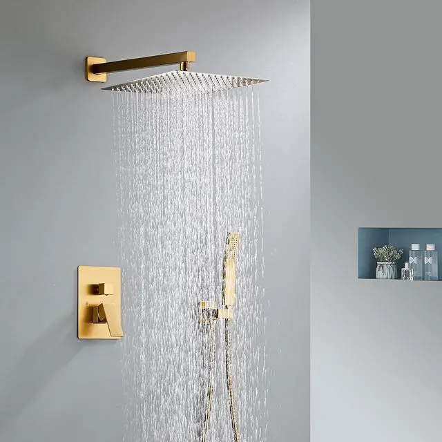 Alt view image 2 of 7 - SaniteModar Shower Head, 10 Inch Bathroom Shower System, Multi-function Rainfall Square Shower Head, Wall Mounted Shower System Shower Head Trim Kit, Brushed Gold