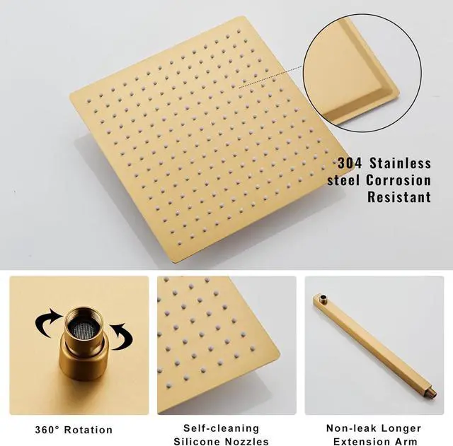 Alt view image 4 of 7 - SaniteModar Shower Head, 10 Inch Bathroom Shower System, Multi-function Rainfall Square Shower Head, Wall Mounted Shower System Shower Head Trim Kit, Brushed Gold