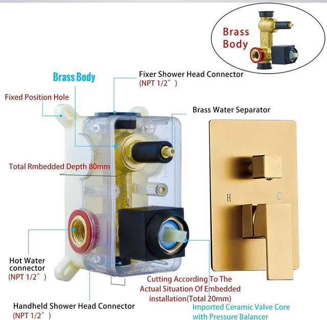 Alt view image 5 of 7 - SaniteModar Shower Head, 10 Inch Bathroom Shower System, Multi-function Rainfall Square Shower Head, Wall Mounted Shower System Shower Head Trim Kit, Brushed Gold