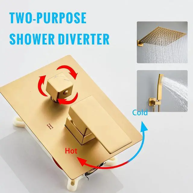 Alt view image 6 of 7 - SaniteModar Shower Head, 10 Inch Bathroom Shower System, Multi-function Rainfall Square Shower Head, Wall Mounted Shower System Shower Head Trim Kit, Brushed Gold