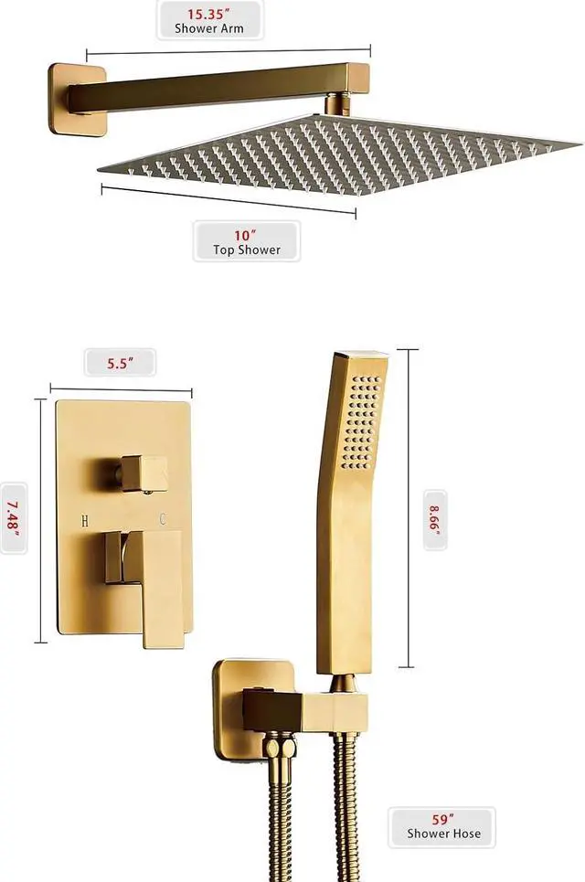Alt view image 3 of 7 - SaniteModar Shower Head, 10 Inch Bathroom Shower System, Multi-function Rainfall Square Shower Head, Wall Mounted Shower System Shower Head Trim Kit, Brushed Gold