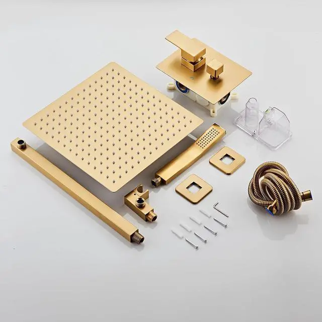 Alt view image 7 of 7 - SaniteModar Shower Head, 10 Inch Bathroom Shower System, Multi-function Rainfall Square Shower Head, Wall Mounted Shower System Shower Head Trim Kit, Brushed Gold