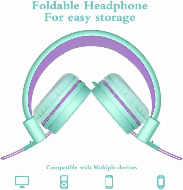 Alt view image 4 of 7 - ELECDER i37 Kids Headphones Children Girls Boys Teens Foldable Adjustable On Ear Headphones 3.5mm Jack Compatible Cellphones Computer MP3/4 Kindle School Tablet Green/Purple