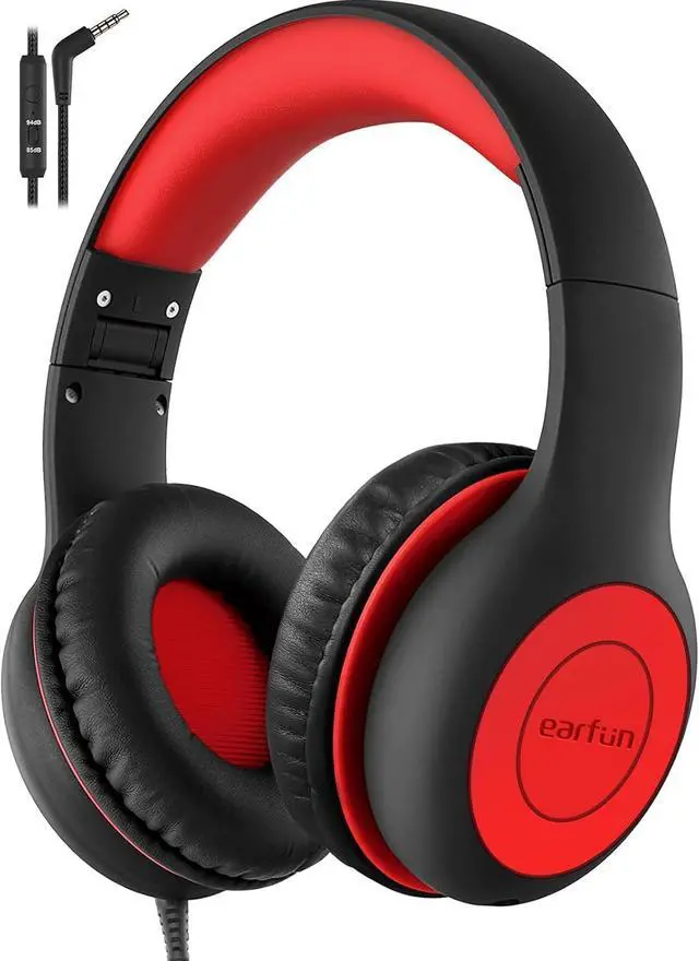 Main image of EarFun Kids Headphones Wired with Microphone, 85/94dB Volume Limit Portable Headphones for Kids with Shareport, Stereo Sound Foldable Headset for School/Tablet/iPad/Kindle, Black Red