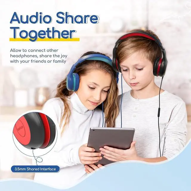 Alt view image 7 of 7 - EarFun Kids Headphones Wired with Microphone, 85/94dB Volume Limit Portable Headphones for Kids with Shareport, Stereo Sound Foldable Headset for School/Tablet/iPad/Kindle, Black Red