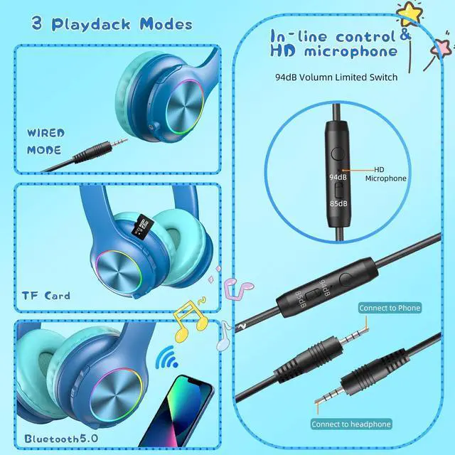 Alt view image 5 of 7 - Bluetcooth Kids Headphones Fit for Aged 3-21, Colorful LED Lights Comfort Wireless Headphones with Microphone 94dB Volume Limited for School/iPad/PC/TV/Cellphones, Wired & TF Card Mode,Blue