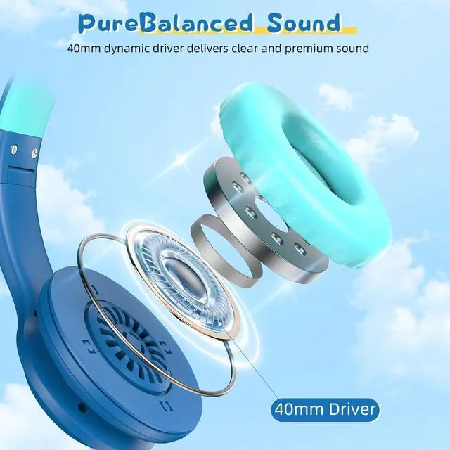 Alt view image 4 of 7 - Bluetcooth Kids Headphones Fit for Aged 3-21, Colorful LED Lights Comfort Wireless Headphones with Microphone 94dB Volume Limited for School/iPad/PC/TV/Cellphones, Wired & TF Card Mode,Blue