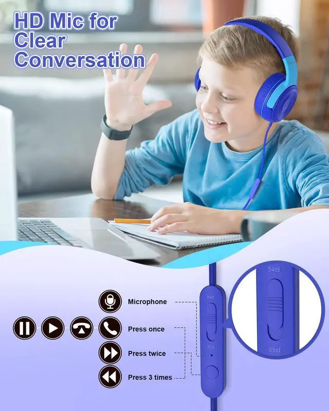 Alt view image 3 of 6 - ELECDER Kids Headphones, S8 Wired Headphones for Kids with Microphone for Boys Girls, Adjustable 85dB/94dB Volume Limited (Navy/Blue)