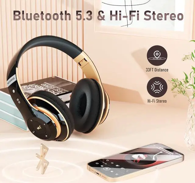 Alt view image 6 of 7 - Bluetooth Headphones Over Ear, 6S Wireless Headphones Wired with 6 EQ Modes, 40 Hours Playtime Foldable HiFi Stereo Headset with Microphone, FM/TF for Cellphone/PC/Work (Black & Gold)