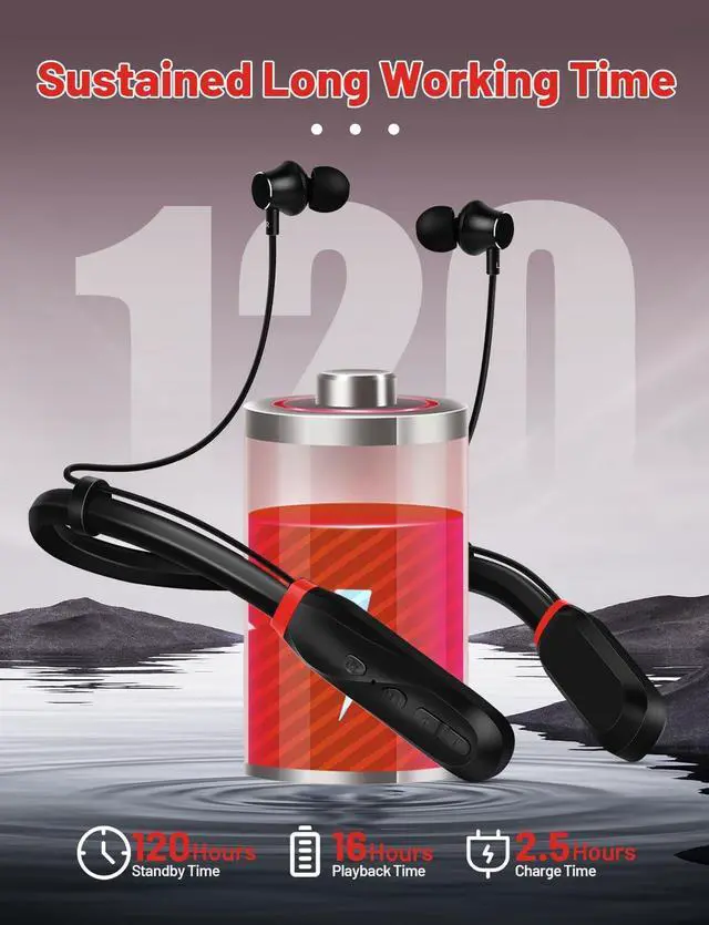 Alt view image 2 of 7 - Neckband Bluetooth Headphones, 120H Long Playtime Wireless Stereo Neckband Earbuds with Microphone, Waterproof Around The Neck Headphones in Ear Headset for Sports/Workout/Office (Black)
