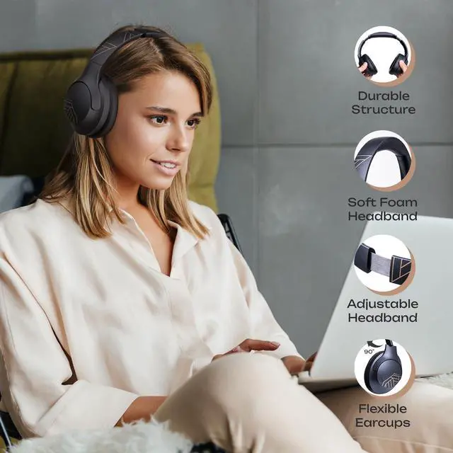 Alt view image 3 of 7 - PowerLocus Bluetooth Headphones Over Ear, 50H Playtime with 4 EQ Modes Wireless Headphones with Microphone, HiFi Stereo Deep Bass, Soft Ear Cups, Foldable Lightweight Headset for Travel/Office/Workout