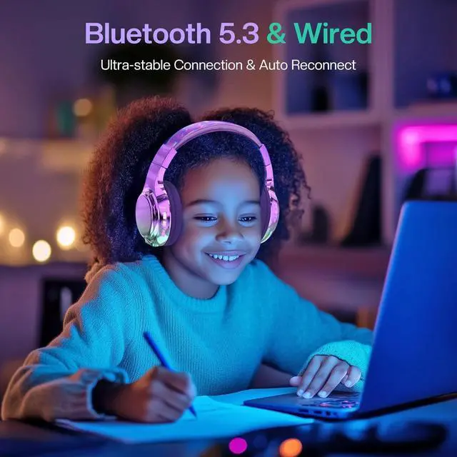 Alt view image 2 of 7 - QearFun Bluetooth Headphones for Kids, Wireless Headphones with Built-in Mic, Includes Aux Cord, USB C, 3.5mm Jack, Bluetooth 5.3, On Ear Kids Headphones for School/Travel/Tablet/iPad