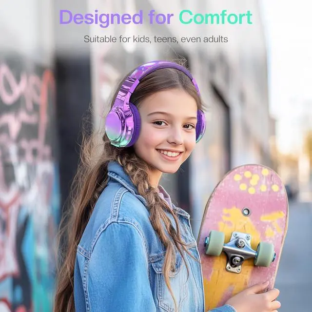 Alt view image 3 of 7 - QearFun Bluetooth Headphones for Kids, Wireless Headphones with Built-in Mic, Includes Aux Cord, USB C, 3.5mm Jack, Bluetooth 5.3, On Ear Kids Headphones for School/Travel/Tablet/iPad
