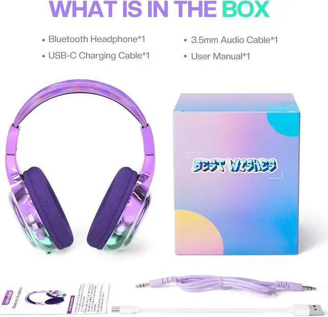 Alt view image 7 of 7 - QearFun Bluetooth Headphones for Kids, Wireless Headphones with Built-in Mic, Includes Aux Cord, USB C, 3.5mm Jack, Bluetooth 5.3, On Ear Kids Headphones for School/Travel/Tablet/iPad