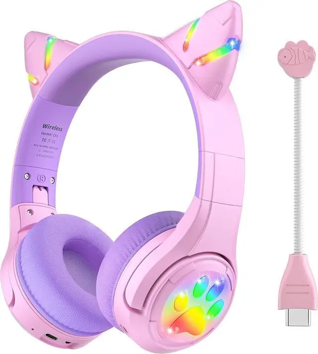 Main image of Riwbox CF9 Cat Ear Kids Bluetooth Headphones with LED Light Up,Safe 85dB Volume Limit,Built-in Mic&Boom Mic for Calls,Kids Wireless&Wired Headphones for Tablet/Airplane/School/Online Learning (Purple)
