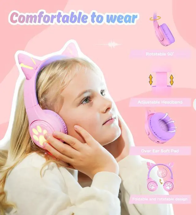 Alt view image 2 of 7 - Riwbox CF9 Cat Ear Kids Bluetooth Headphones with LED Light Up,Safe 85dB Volume Limit,Built-in Mic&Boom Mic for Calls,Kids Wireless&Wired Headphones for Tablet/Airplane/School/Online Learning (Purple)