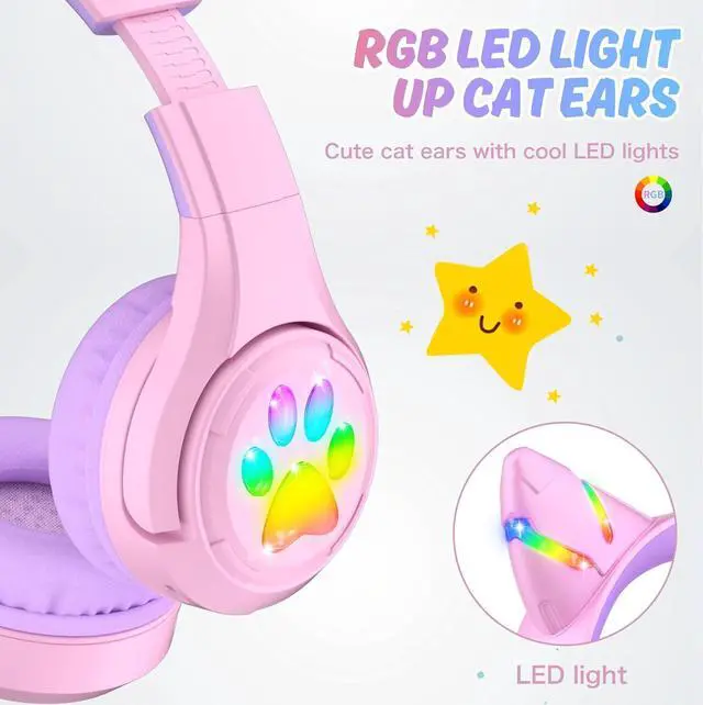 Alt view image 3 of 7 - Riwbox CF9 Cat Ear Kids Bluetooth Headphones with LED Light Up,Safe 85dB Volume Limit,Built-in Mic&Boom Mic for Calls,Kids Wireless&Wired Headphones for Tablet/Airplane/School/Online Learning (Purple)