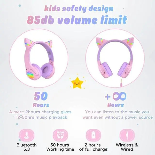 Alt view image 4 of 7 - Riwbox CF9 Cat Ear Kids Bluetooth Headphones with LED Light Up,Safe 85dB Volume Limit,Built-in Mic&Boom Mic for Calls,Kids Wireless&Wired Headphones for Tablet/Airplane/School/Online Learning (Purple)