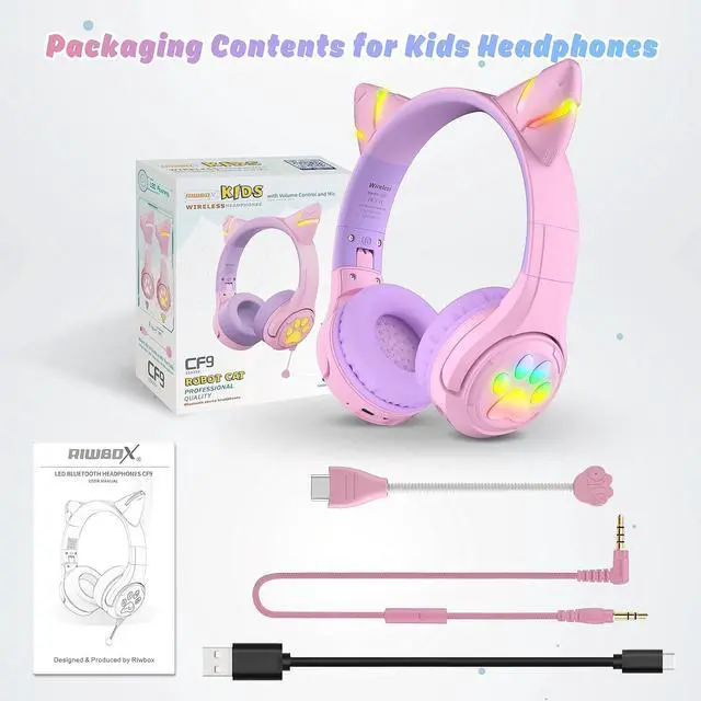 Alt view image 7 of 7 - Riwbox CF9 Cat Ear Kids Bluetooth Headphones with LED Light Up,Safe 85dB Volume Limit,Built-in Mic&Boom Mic for Calls,Kids Wireless&Wired Headphones for Tablet/Airplane/School/Online Learning (Purple)