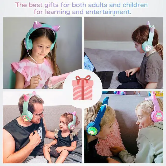 Alt view image 6 of 7 - Riwbox CF9 Cat Ear Kids Bluetooth Headphones with LED Light Up,Safe 85dB Volume Limit,Built-in Mic&Boom Mic for Calls,Kids Wireless&Wired Headphones for Tablet/Airplane/School/Online Learning (Purple)