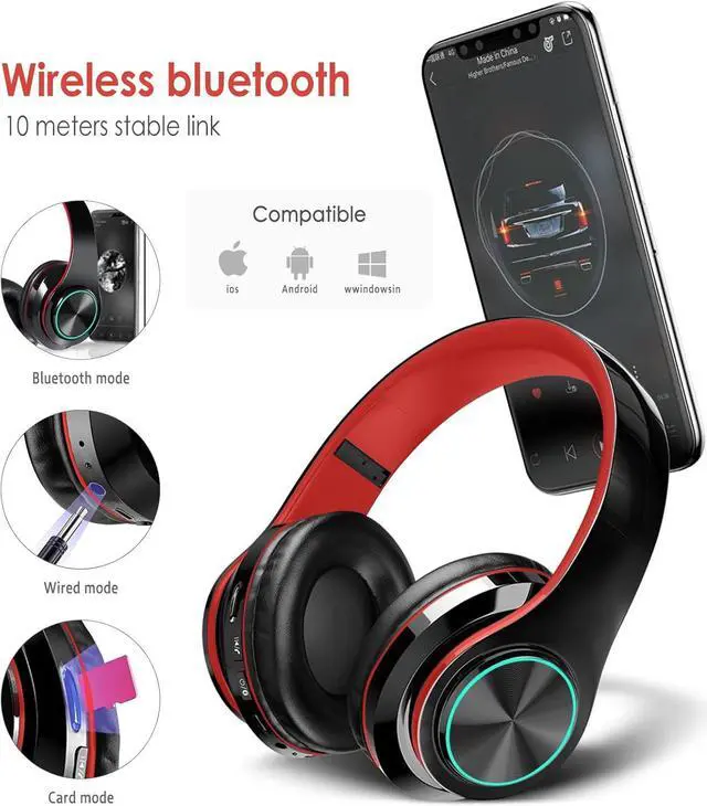 Main image of 2022 Wireless Bluetooth Headphones,Colorful LED Lights Comfort Over Ear Foldable Headset with Built-in Microphone,FM,SD Card Slot,Wired for School/Tablet Computer/PC/TV/Cellphones/Travel