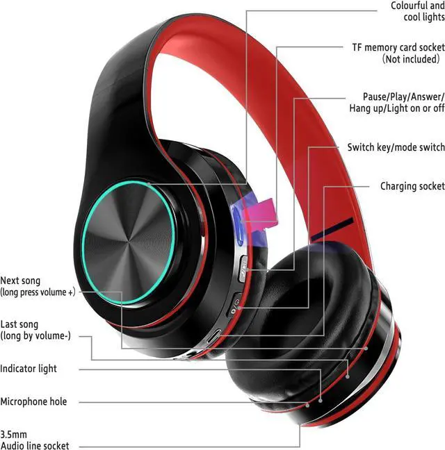 Alt view image 5 of 7 - 2022 Wireless Bluetooth Headphones,Colorful LED Lights Comfort Over Ear Foldable Headset with Built-in Microphone,FM,SD Card Slot,Wired for School/Tablet Computer/PC/TV/Cellphones/Travel