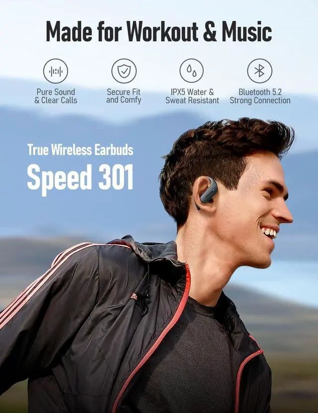 Alt view image 2 of 7 - Speed 301 Sports Wireless Earbuds Bluetooth Headphones Secure Fit for Workout & Running Clear Calls Sweatproof Ear Buds for iPhone & Android (SP301)
