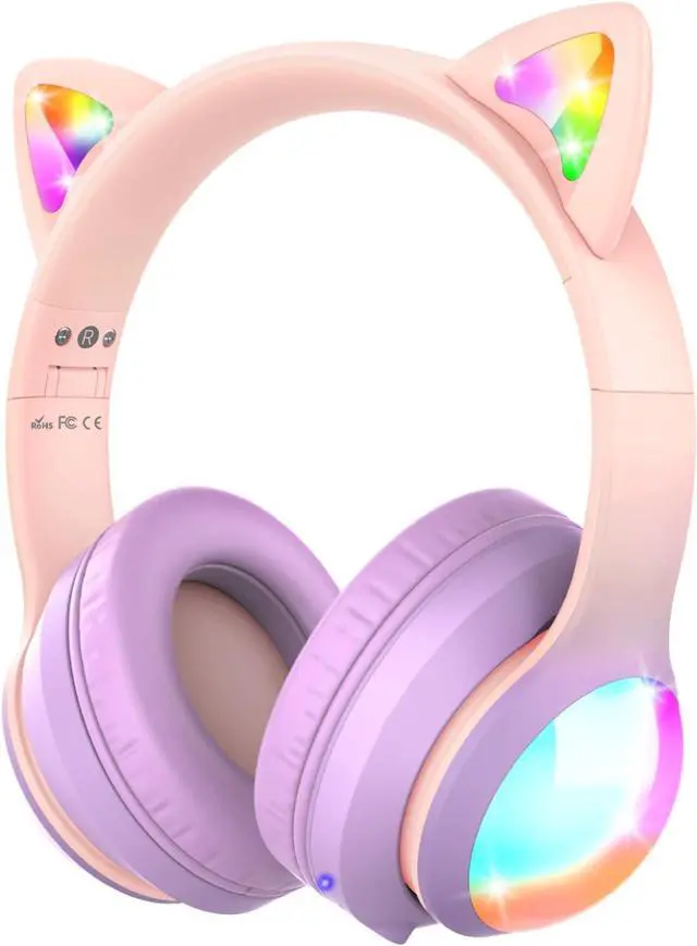 Main image of FosPower Kids Bluetooth 5.2 Headphones with LED Cat Ears (85/94dB Volume Limit & 100H Play Time) Foldable Wireless/Wired Headset with 3.5mm Cable for School/Travel - Light Pink/Light Purple