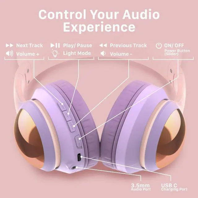 Alt view image 3 of 6 - FosPower Kids Bluetooth 5.2 Headphones with LED Cat Ears (85/94dB Volume Limit & 100H Play Time) Foldable Wireless/Wired Headset with 3.5mm Cable for School/Travel - Light Pink/Light Purple