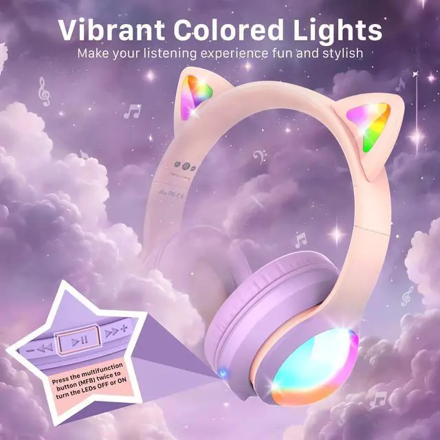 Alt view image 2 of 6 - FosPower Kids Bluetooth 5.2 Headphones with LED Cat Ears (85/94dB Volume Limit & 100H Play Time) Foldable Wireless/Wired Headset with 3.5mm Cable for School/Travel - Light Pink/Light Purple