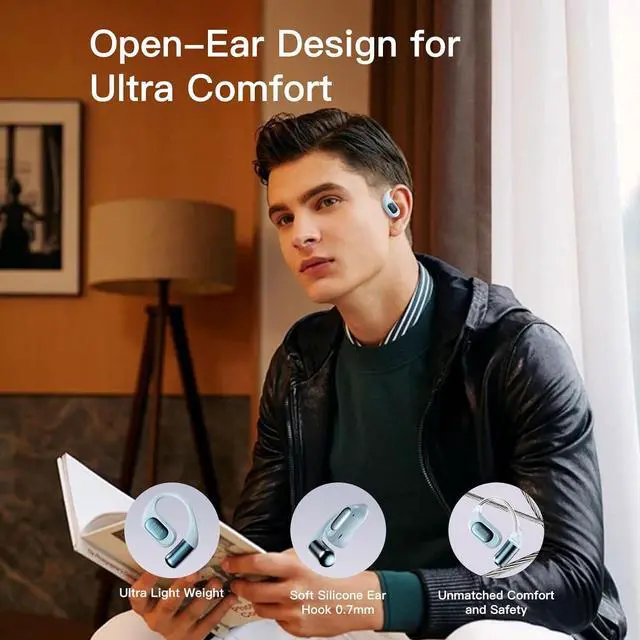 Alt view image 2 of 7 - Open Ear Headphones Wireless Earbuds Bluetooth 5.4 Noise Cancelling Headphones Touch Control Air Conduction Sport Headsets IPX6 Waterproof Earphones Over Ear Headphones Running Workout (Blue)