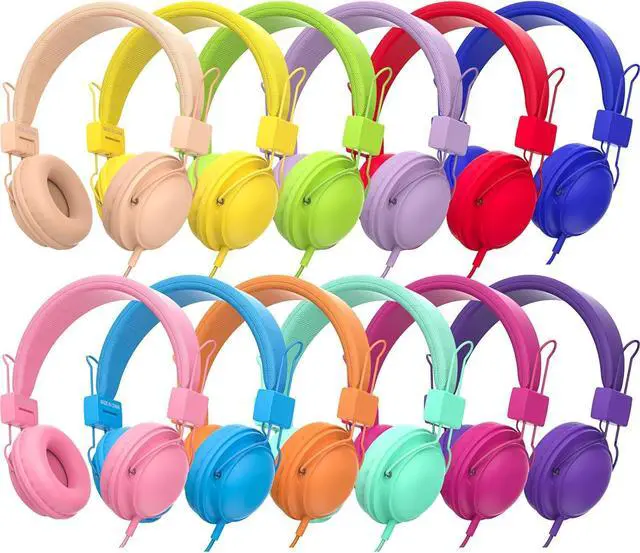 Main image of Kids Headphones Bulk 12 Pack for School Wired, Colorful Classroom Rainbow Headsets with Microphone, 85dB Volume Limited, 3.5mm Jack, Sharing, Foldable for Chromebook & Laptop & Computer