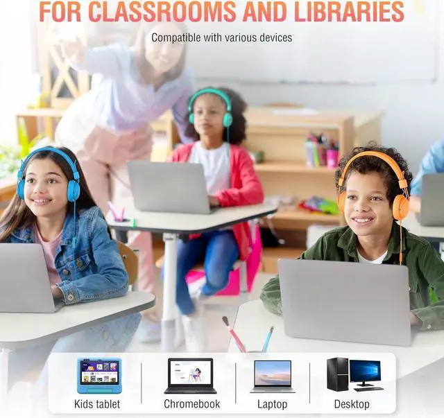 Alt view image 3 of 7 - Kids Headphones Bulk 12 Pack for School Wired, Colorful Classroom Rainbow Headsets with Microphone, 85dB Volume Limited, 3.5mm Jack, Sharing, Foldable for Chromebook & Laptop & Computer