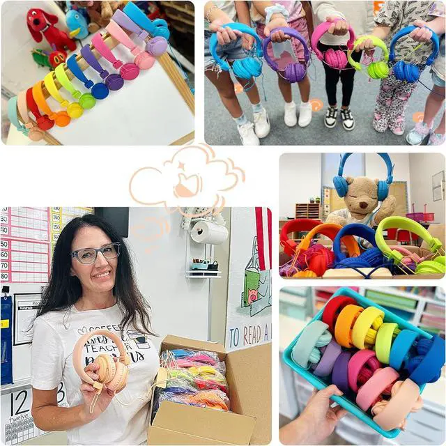 Alt view image 2 of 7 - Kids Headphones Bulk 12 Pack for School Wired, Colorful Classroom Rainbow Headsets with Microphone, 85dB Volume Limited, 3.5mm Jack, Sharing, Foldable for Chromebook & Laptop & Computer