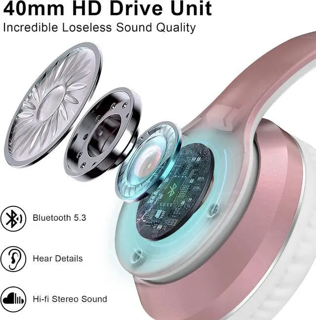 Alt view image 3 of 7 - B9 Wireless Headphones Over-Ear, 60 Hours Playtime Lightweight Folding Hi-fi Stereo Bass Bluetooth Headset with Mic, Volume Control Headphones for iPad/Travel/Tablet/PC (Rose Gold)