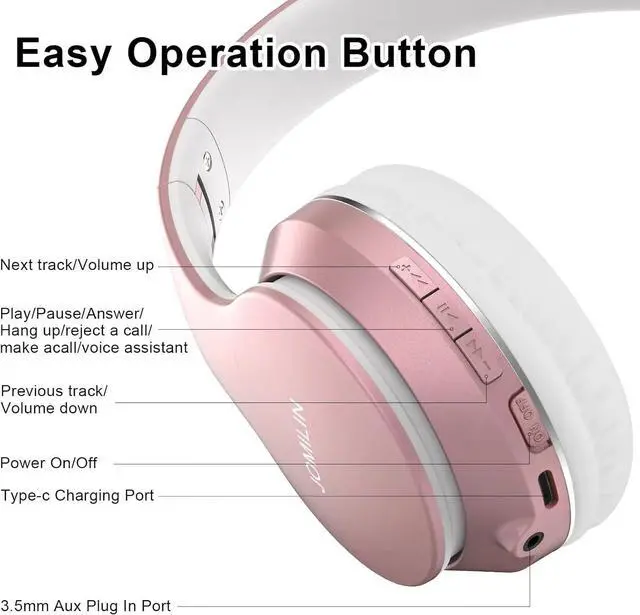 Alt view image 6 of 7 - B9 Wireless Headphones Over-Ear, 60 Hours Playtime Lightweight Folding Hi-fi Stereo Bass Bluetooth Headset with Mic, Volume Control Headphones for iPad/Travel/Tablet/PC (Rose Gold)