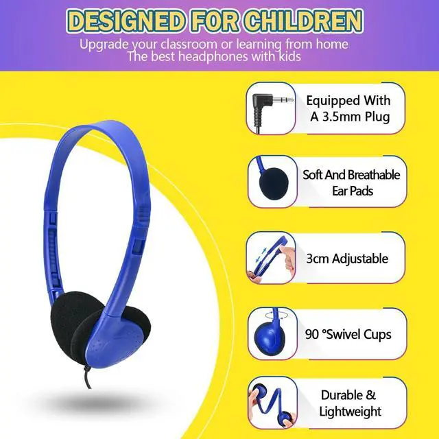 Alt view image 6 of 7 - Classroom Headphones Bulk 54 Pack, Student On Ear Headsets, Comfy Swivel Earphones for Classroom, Library, School, Airplane, for Online Learning and Travel, Stereo Sound 3.5mm Jack (12 Colors)