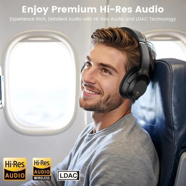 Alt view image 2 of 7 - Riibox Y7Pro Hybrid Active Noise Canceling Headphones, 80 Hours Playtime,Hi-Res Audio Wireless Over-Ear Bluetooth Headphones for Home Travel Office Meetings Deep Bass - Black