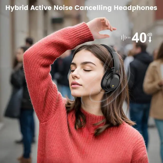 Alt view image 3 of 7 - Riibox Y7Pro Hybrid Active Noise Canceling Headphones, 80 Hours Playtime,Hi-Res Audio Wireless Over-Ear Bluetooth Headphones for Home Travel Office Meetings Deep Bass - Black